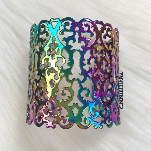 New Hollowed Out Scroll Metal Oil Slick Holographic Cuff Bracelet - Picture 9 of 16